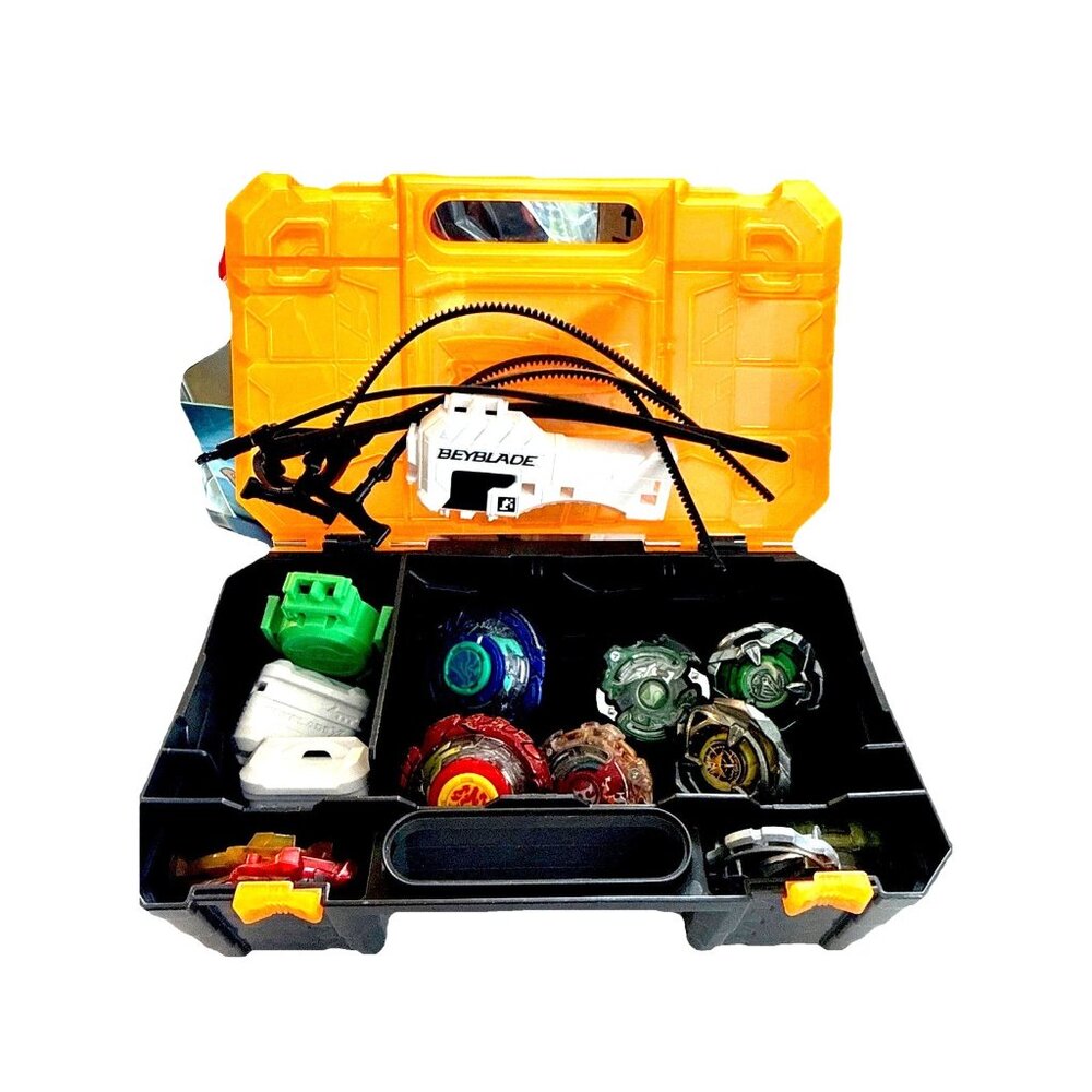 16 Pc Lot: Case, 2 Takara Tomy, 2 Auldey Beyblades And 4 Launchers 5 Ripcords